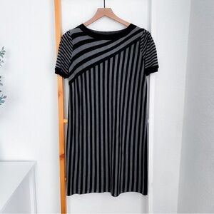 Sportmax Striped Shirt Dress Black Gray Short Sleeve Pull on Round Neck Medium